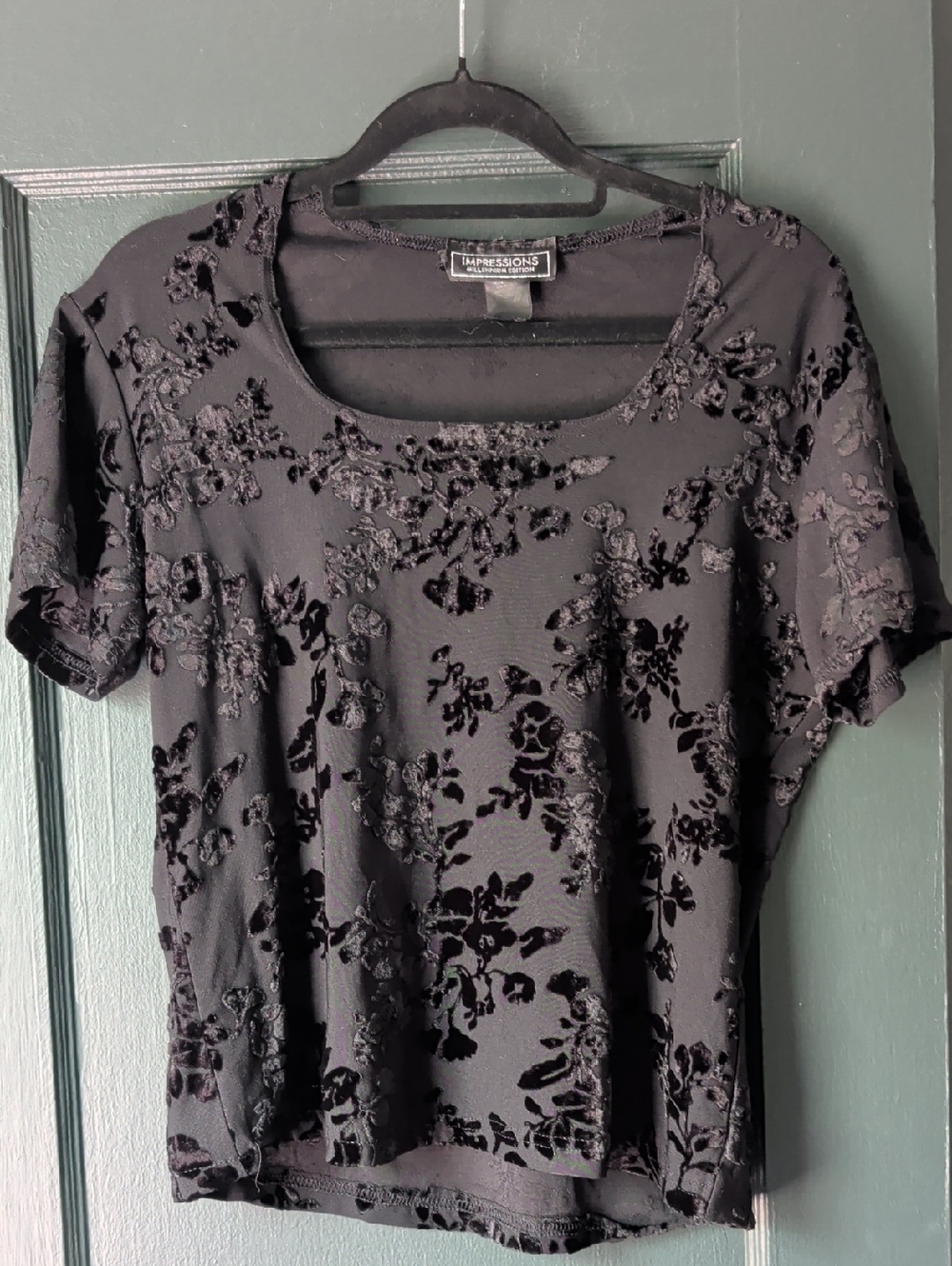 Y2k Impressions Millennium Edition Black Velvet Burnout Floral Short Sleeve Top